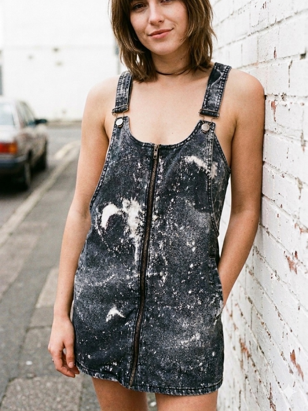 Unlisted Black & White Acid-Wash Zip-Front Mini Dress